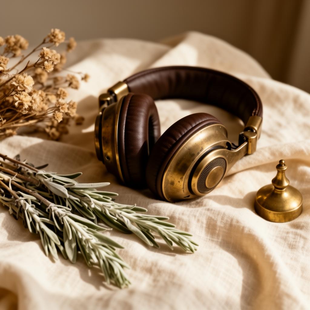 Vintage headphones resting on cream linen beside dried botanicals and sage in soft morning light